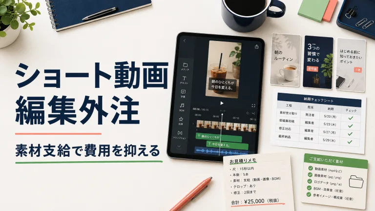 ショート動画編集、字幕、サムネイル、素材支給の範囲を整理するカバー画像