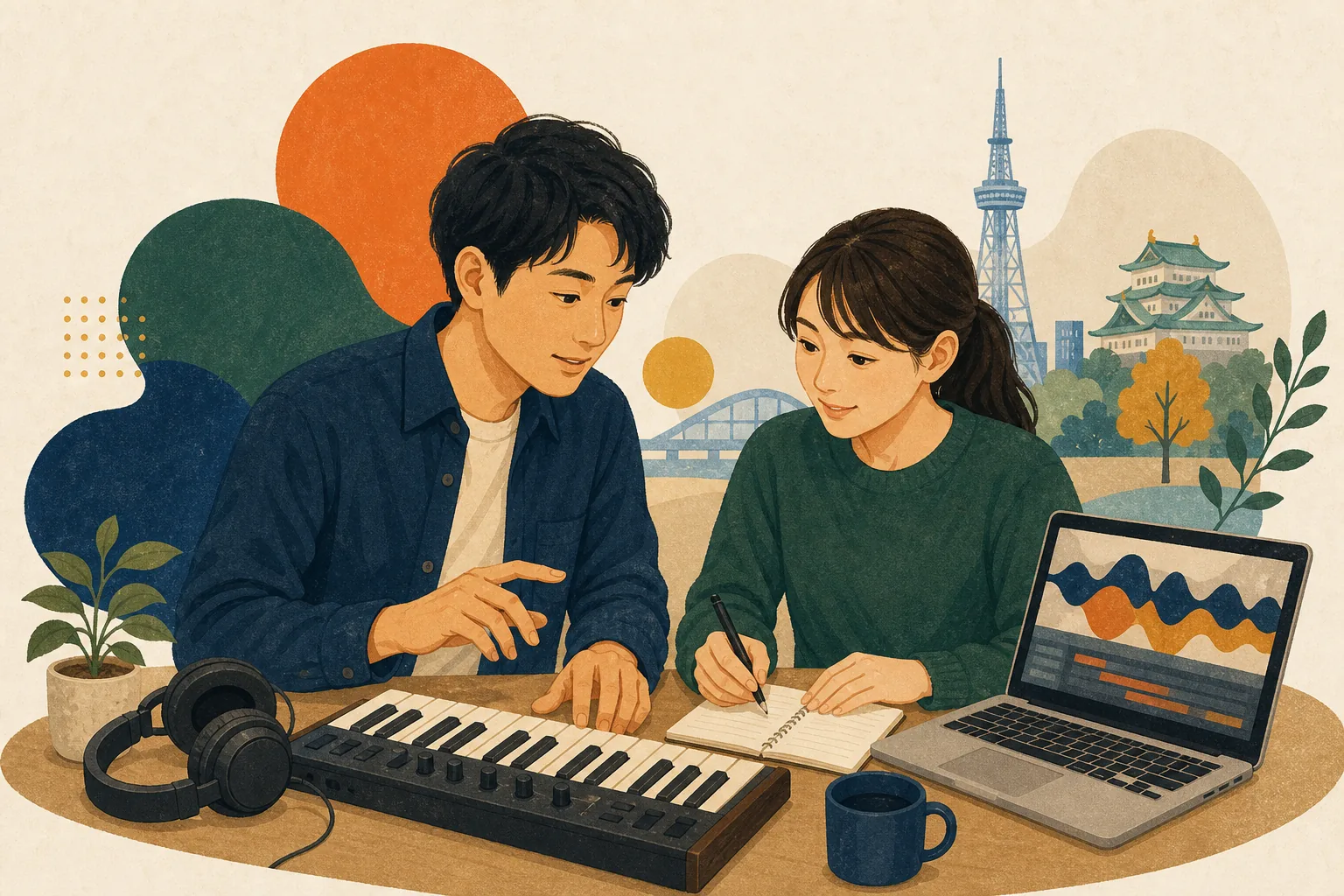 名古屋で音楽制作の経験を活かし、制作手順の整理と記録を一緒に進める音楽制作支援員のイメージイラスト