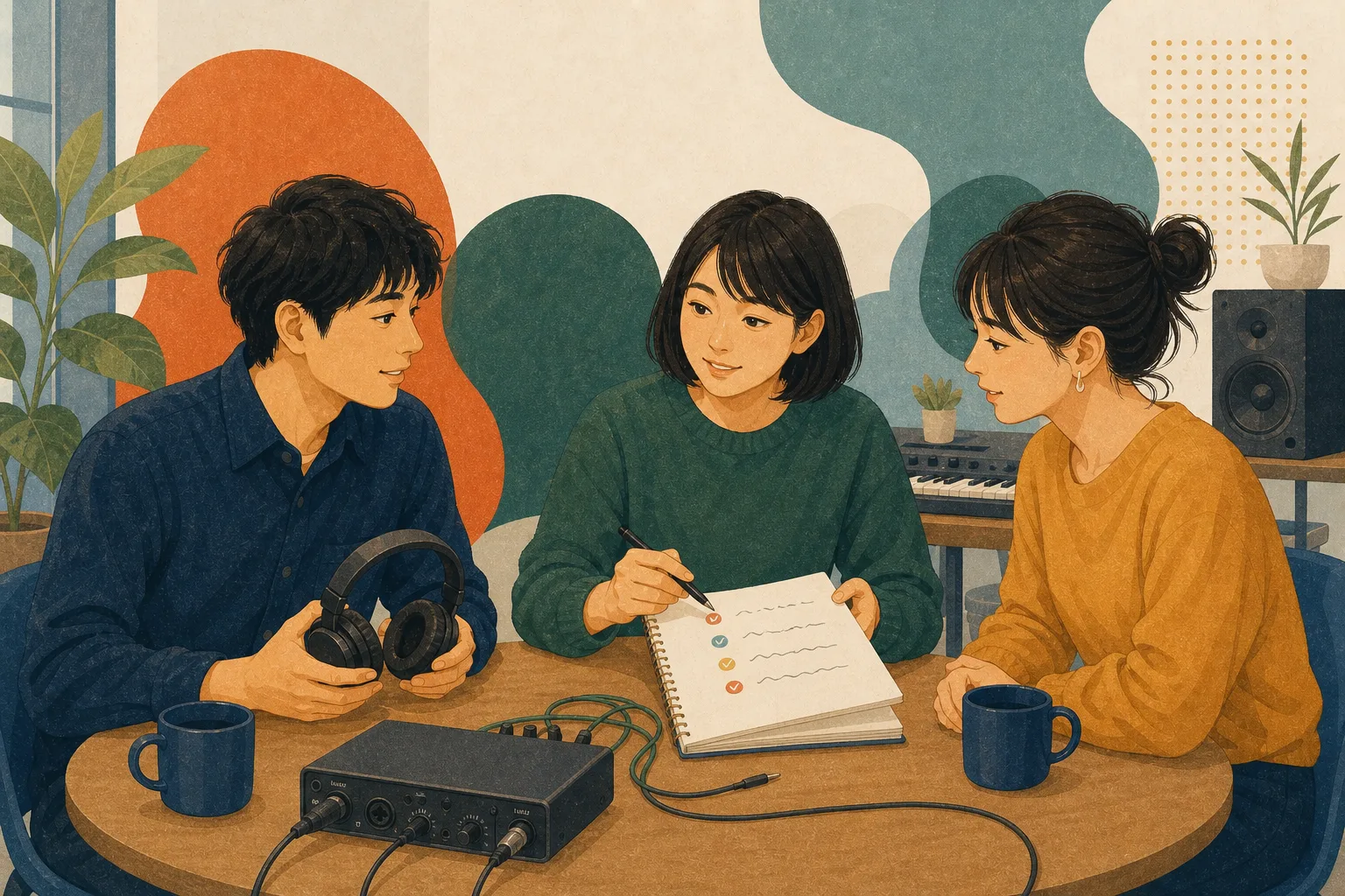 音楽制作後にヘッドホンと記録ノートを囲み、三人で振り返りを行うイメージイラスト