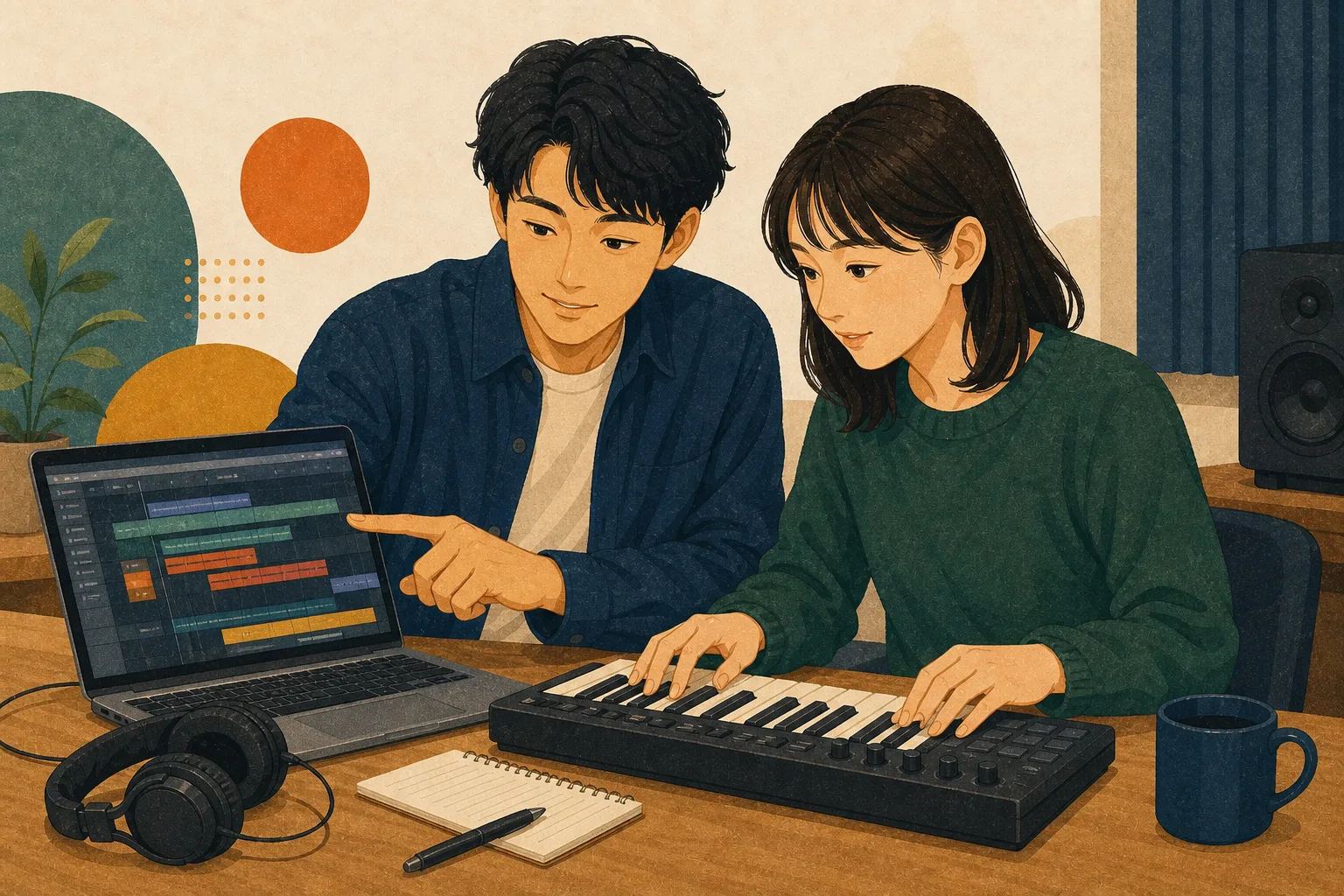音楽制作支援員が利用者とDAWの工程を確認しながらMIDIキーボードの操作を支えるイメージイラスト