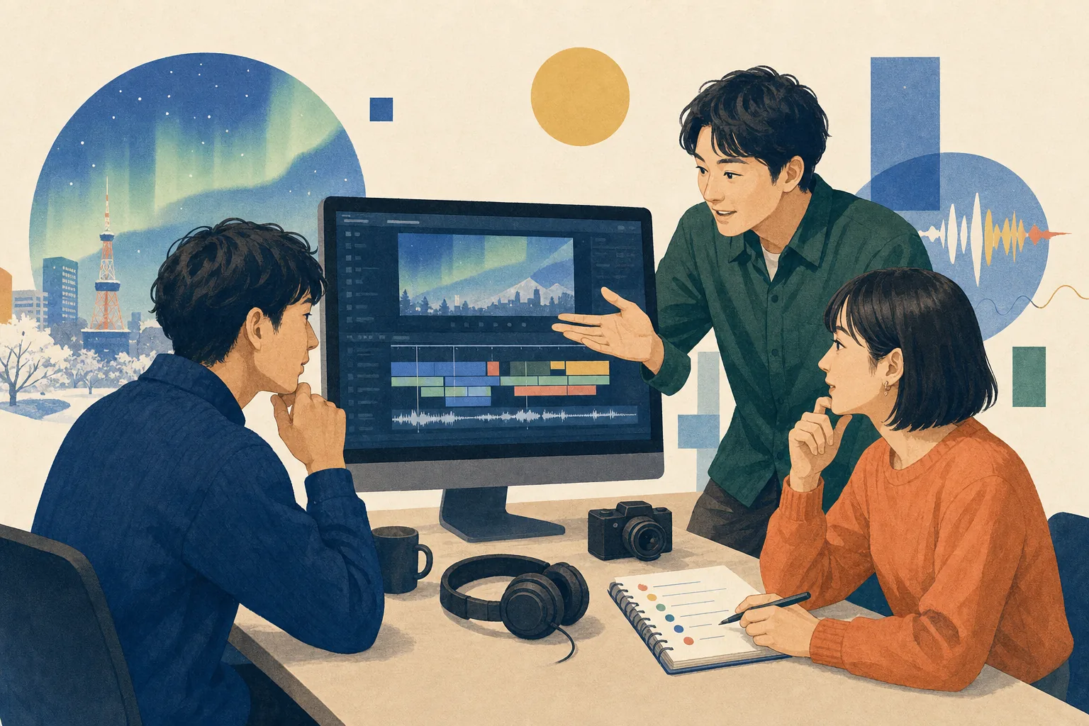 MAUROAの動画・音楽制作支援の仕事を表現したイメージイラスト